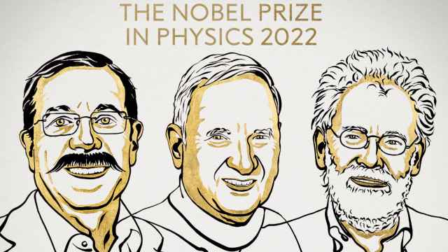 Los Nobel de Física 2022 Alain Aspect, John F. Clauser y Anton Zeilinger.  Ilustración: Niklas Elmehed/Nobel Prize Outreach