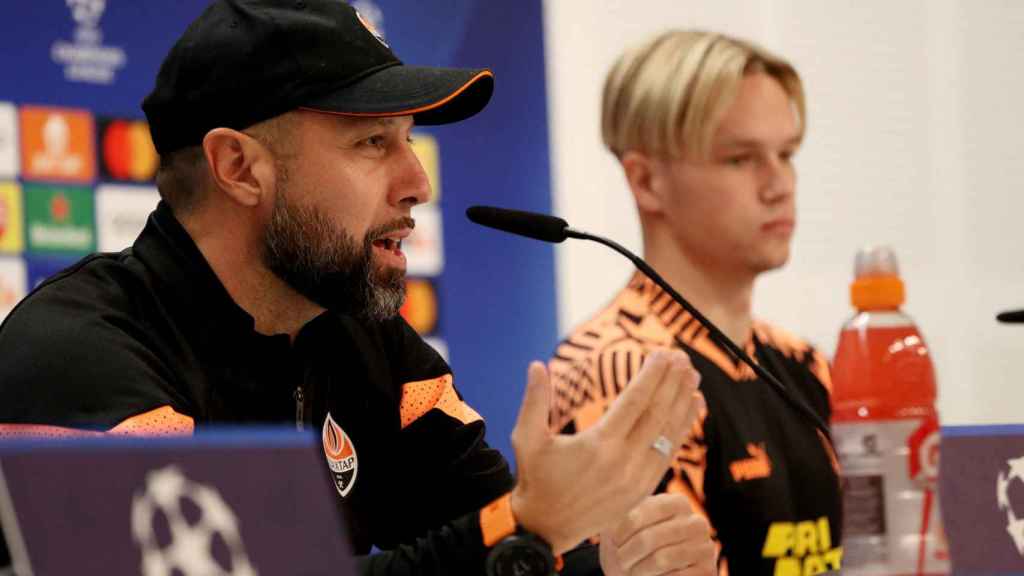 Igor Jovicevic y Mykhaylo Mudryk, en rueda de prensa de la UEFA Champions League