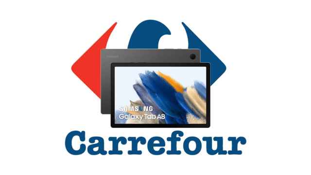Tablet de Samsung con el logo de Carrefour en un montaje.