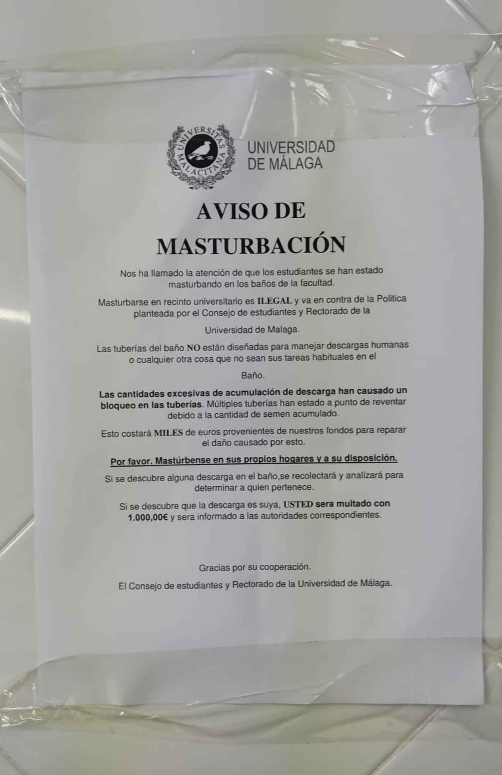 El falso aviso de masturbación que ha aparecido en la UMA.