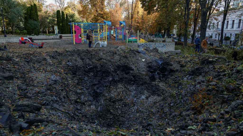 The crater next to a playground in Kyiv after the Russian bombing on Monday.