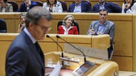 El presidente del Partido Popular, Alberto Núñez Feijóo,  durante su intervención bajo la mirada de Pedro Sánchez, presidente del Gobierno, en el Senado.