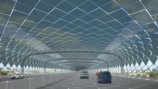 Infografía de una autopista cubierta de paneles solares