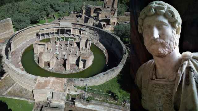 La casa-isla del Teatro Marítimo, una de las edificaciones emblemáticas de Villa Adriana, y el busto del emperador Adriano en el Museo Nacional Romano.