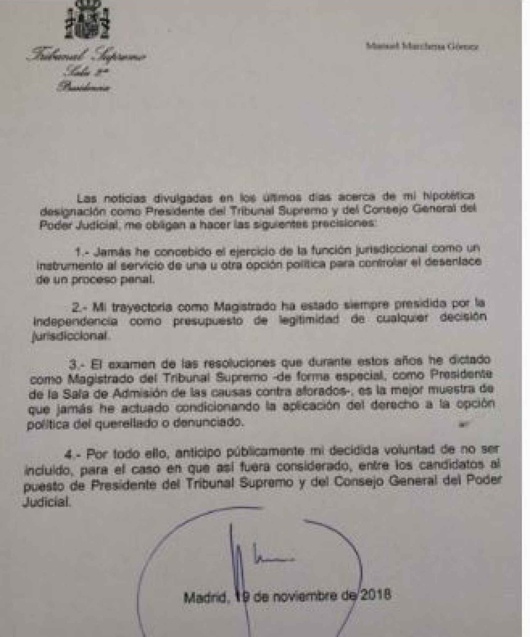 Declaración de Manuel Marchena autodescartándose como presidente del Poder Judicial.