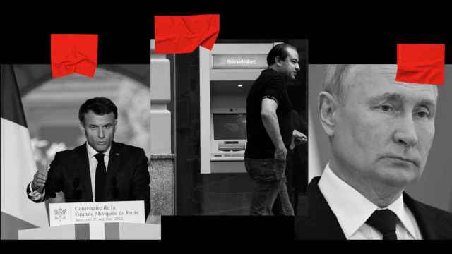 Emmanuel Macron, un ciudadano frente a un cajero automático, y Vladímir Putin.
