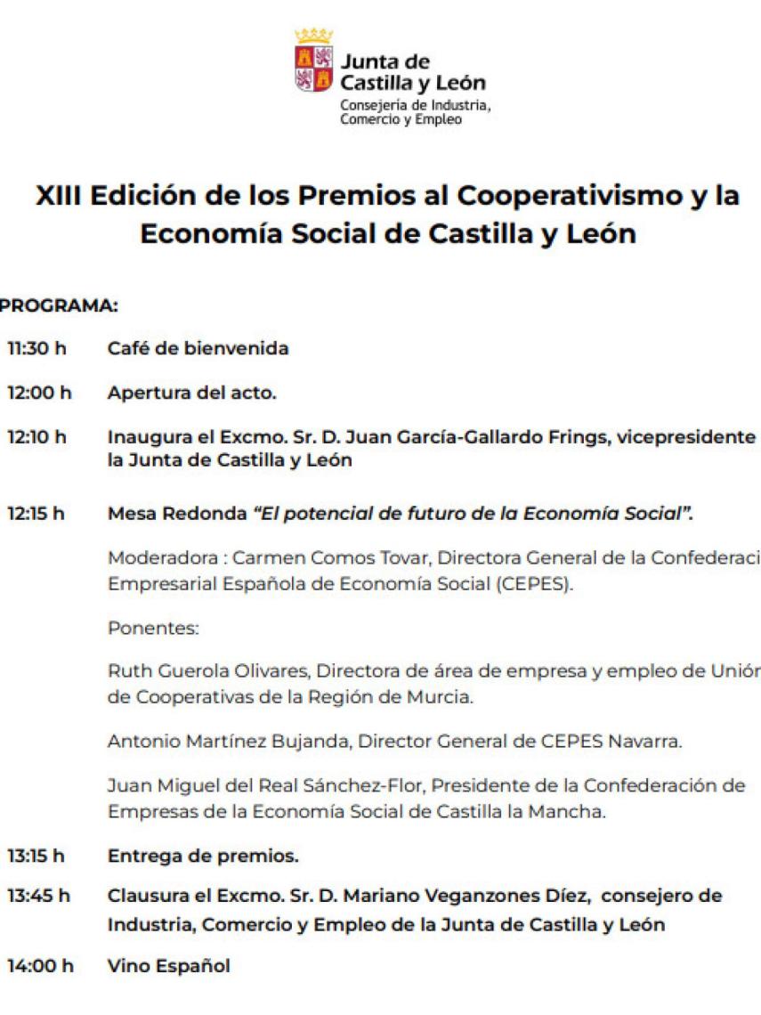 Kompletny program Nagród Castilla y León za działania spółdzielcze i ekonomię społeczną.