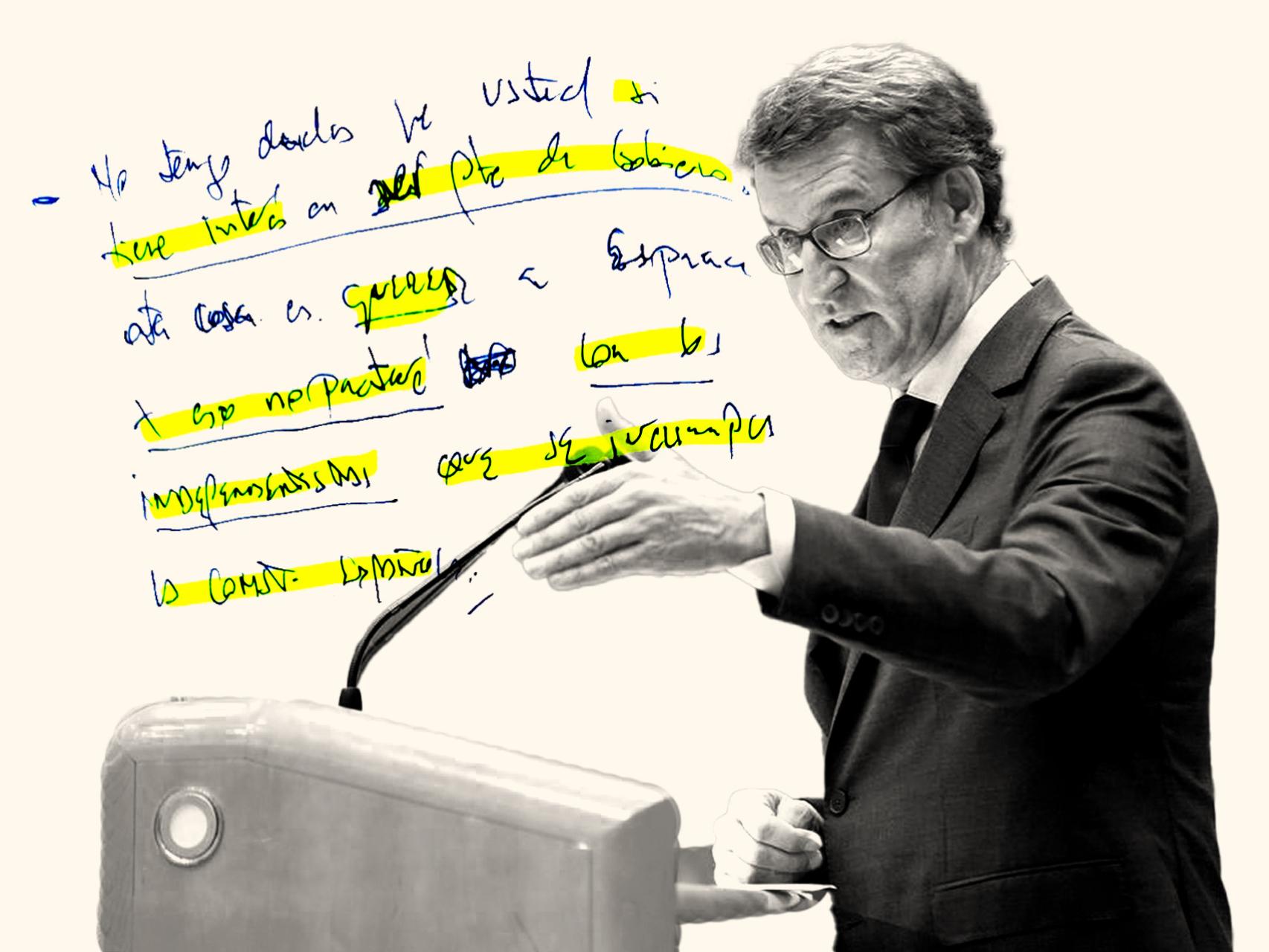 Alberto Núñez-Feijóo, presidente del PP, durante el debate en el Senado, con las anotaciones de su puño y letra.