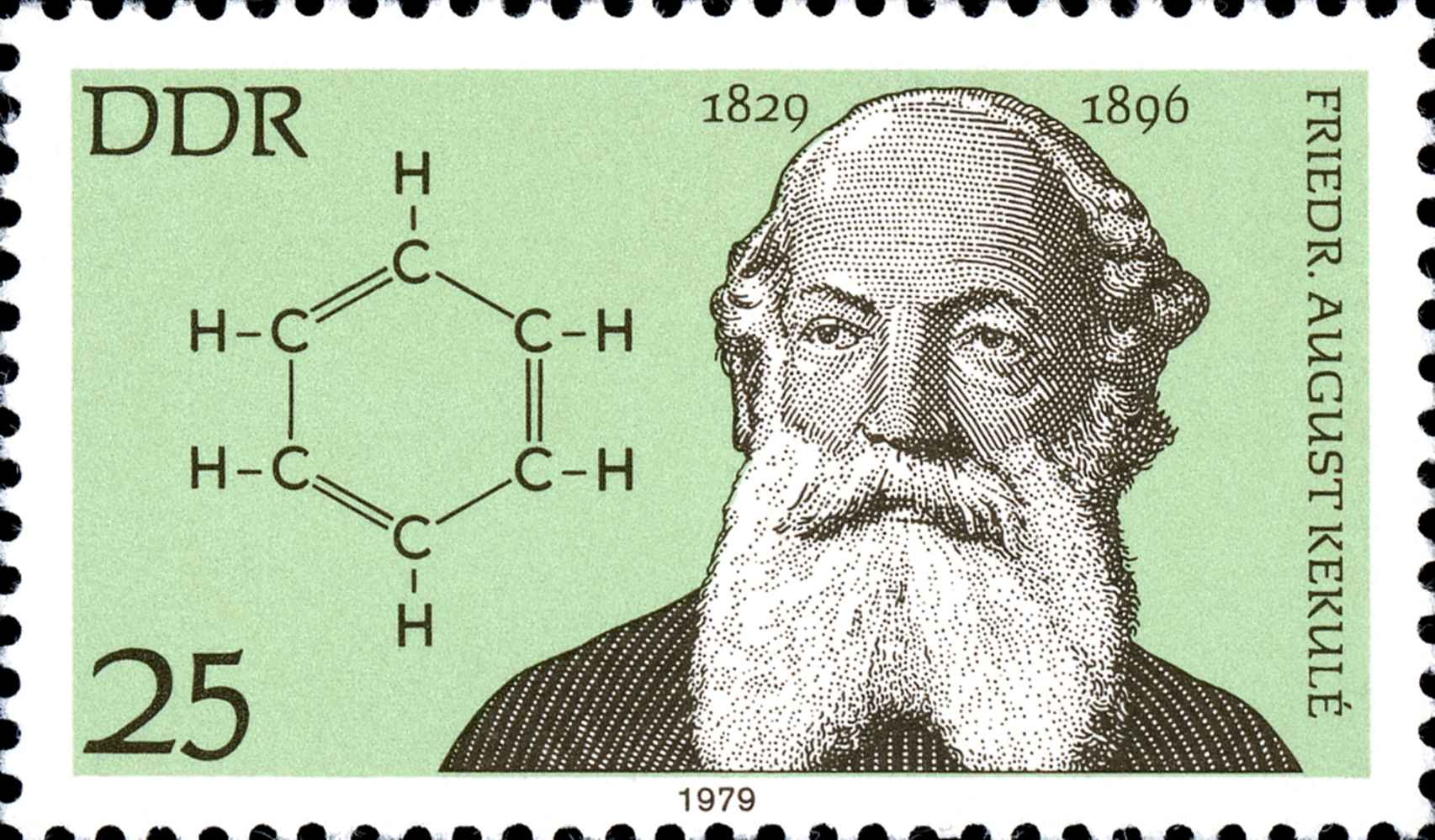 Sello dedicado a August Kekulé, químico alemán que encontró la estructura de la molécula de benceno