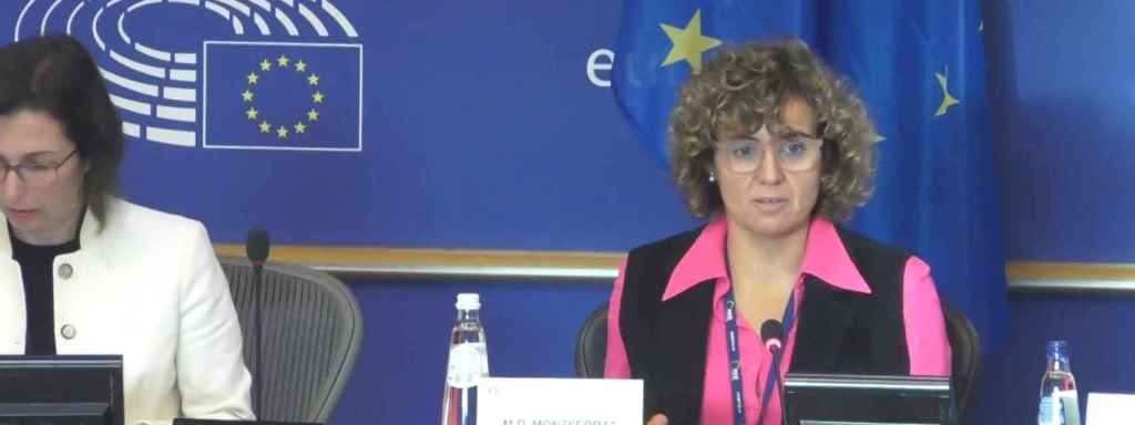 La presidenta de la Comisión de Peticiones del Parlamento Europeo, la popular Dolors Montserrat, este martes, en la reunión donde se han votado las enmiendas.