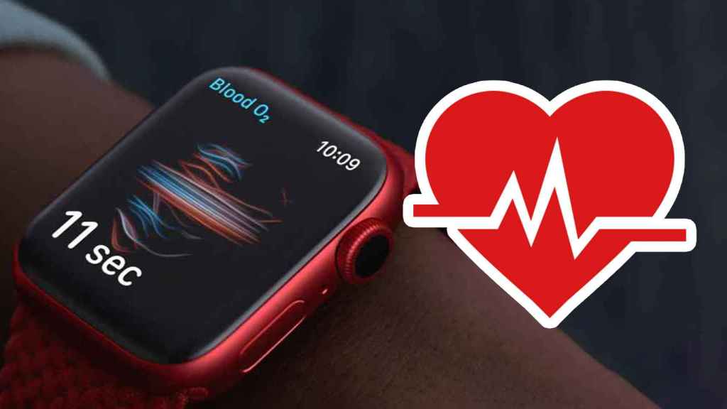 Fotomontaje con un Apple Watch Series 6 y el símbolo de un corazón con una onda cardíaca.