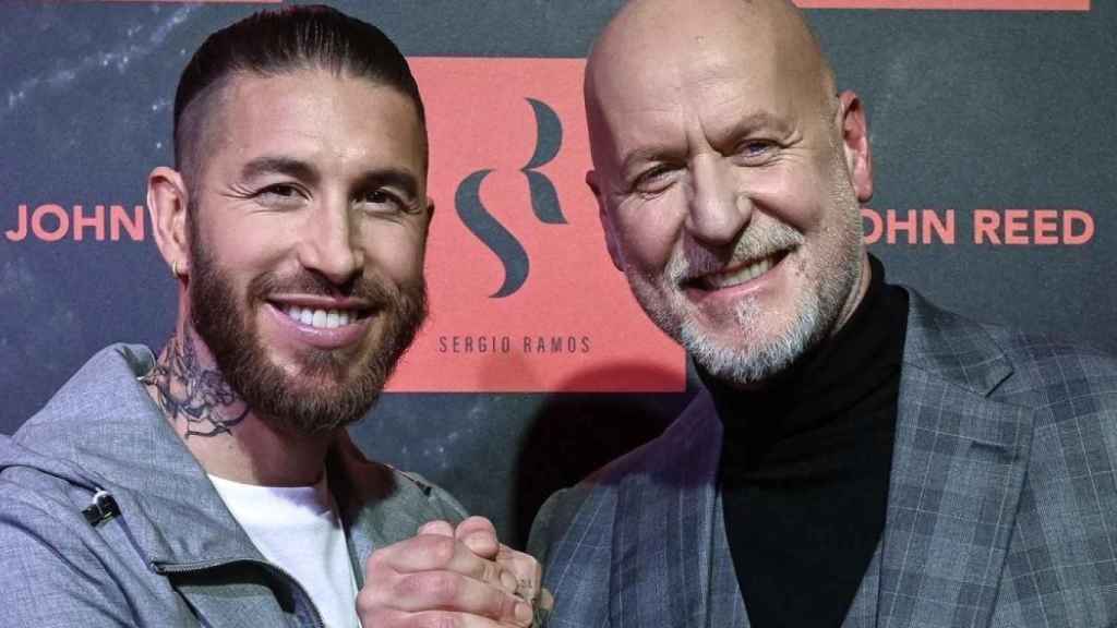 Soccer player Sergio Ramos and businessman Rainer Schaller at the presentation of their gym in Madrid.