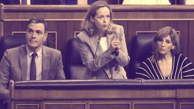 El presidente del Gobierno, Pedro Sánchez, y las vicepresidentas Nadia Calviño y Yolanda Díaz.