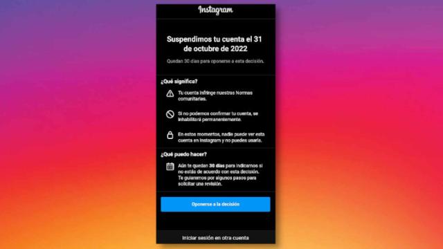 Aviso de suspensión de cuenta en Instagram