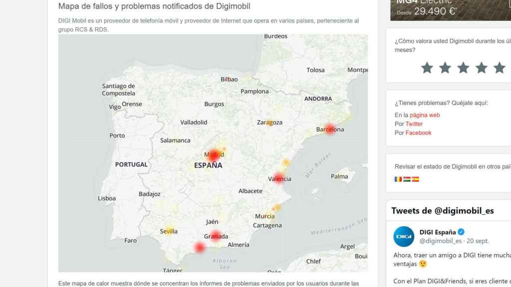 Cities affected by the fall of Digi Mobil in Down Detector