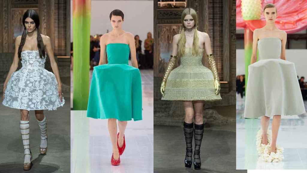 Modelos de Dior (primero y tercero) y Loewe (segundo y cuarto) inspirados en el guardainfantes.
