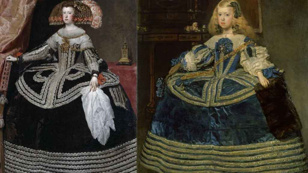 'Retrato de la reina Mariana de Austria' (pintado entre 1652 y 1653) que está en el Museo del Prado. Y a la dcha. 'La infanta Margarita Teresa con vestido azul'  (1659), en el Kunsthistorisches Museum de Viena. Ambos de  Velázquez.