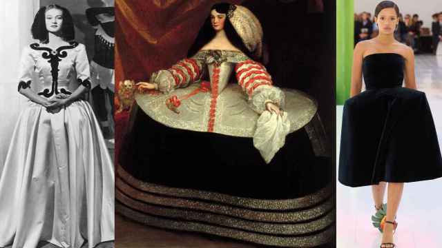 A la izda. vestido de la línea infanta de Balenciaga. Retrato de Doña Inés de Zúñiga, condesa de Monterrey (en el centro) y modelo de Loewe.
