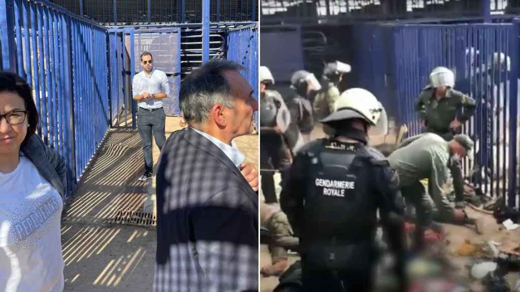 Ana Vázquez (PP) y Enrique Santiago (UP), el lunes en la visita de la Comisión de Interior del Congreso a la frontera de Melilla, en el mismo recinto al que saltaron los inmigrantes el 24 de junio pasado.