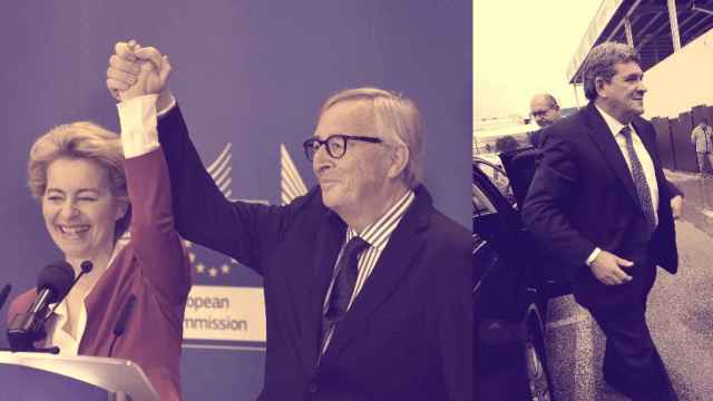 El expresidente de la Comisión Europea, Jean Claude Juncker, la presidenta Ursula von der Leyen, y el ministro de Inclusión, José Luis Escrivá.
