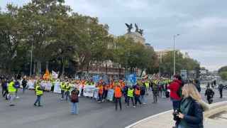 Un momento de la manifestación de transportistas, en Madrid.