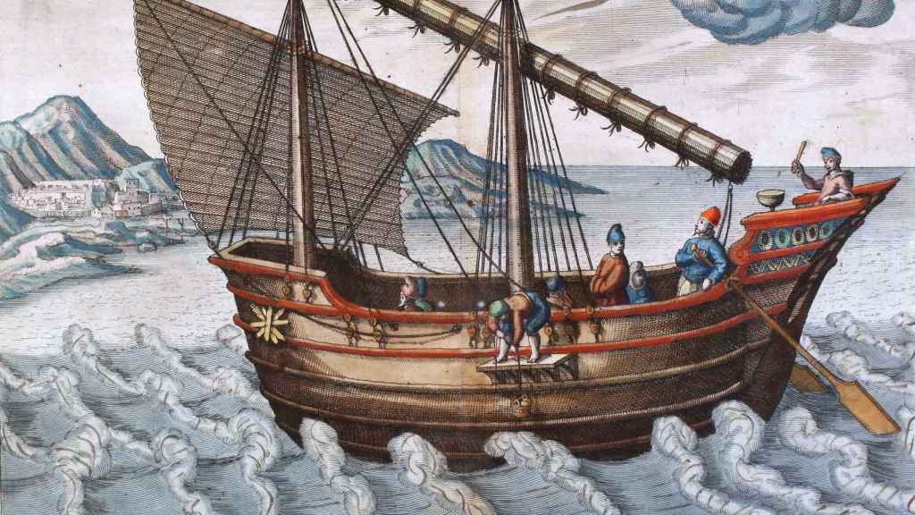 Un 'jong' (velero antiguo) que solía surcar las Indias Orientales y el mar de China en el silgo XVI. Grabado de Johanes Van Doetecum.