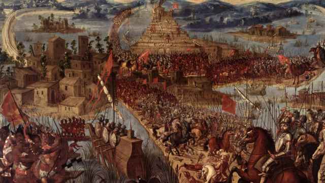Un lienzo que recrea la conquista de México por Hernán Cortés.