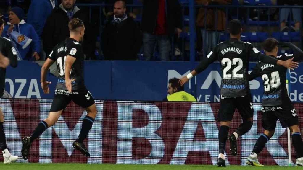 Haitam celebra el gol del Málaga CF en La Romareda.