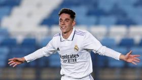 Sergio Arribas, celebrando un gol con el Real Madrid Castilla en la temporada 2022/2023