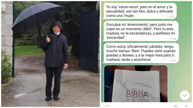 El padre Óscar junto a uno de los mensajes que supuestamente le envió a la mujer que le ha denunciado por abusos  sexuales.