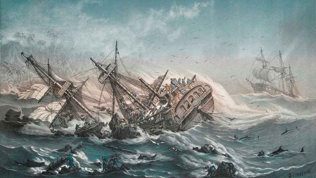 Reconstrucción del naufragio del 'Astrolabe' en la isla de Vanikoro. Un lienzo de Louis le Breton.