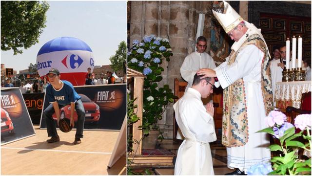 A la izquierda, Álvaro lanzando la canasta. A la derecha, como sacerdote.