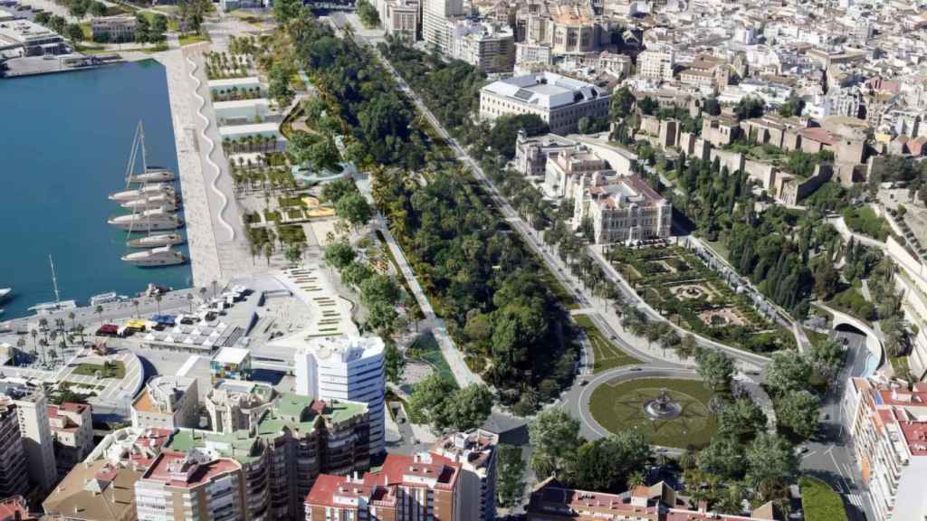 Vista aérea de la zona del Parque y del Centro Histórico de Málaga.