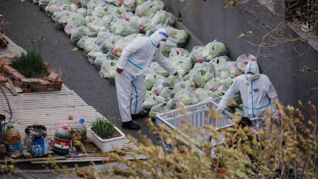 Trabajadores sanitarios preparan bolsas de verduras para los residentes confinados en Pekín.