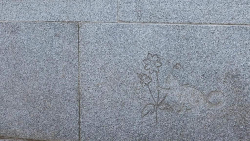 Detalle del grabado de un gato jugando con unas flores en el Jardín Botánico.