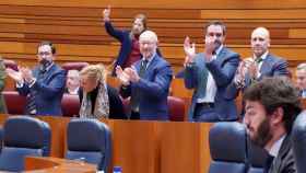 Los procuradores de Vox, entre ellos Iñaki Sicilia, encargado de presentar la PNL, aplauden en el pleno de las Cortes, este miércoles.