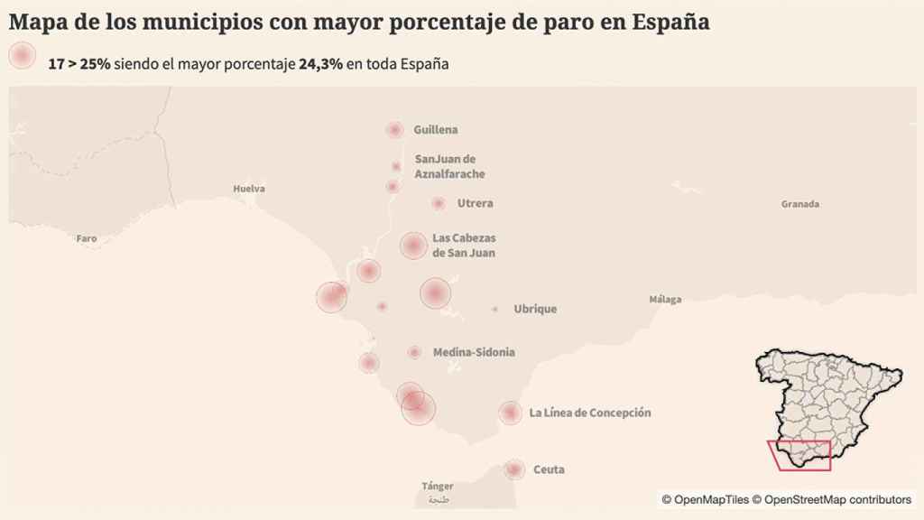 Mapa de los 18 municipios con más paro de España.