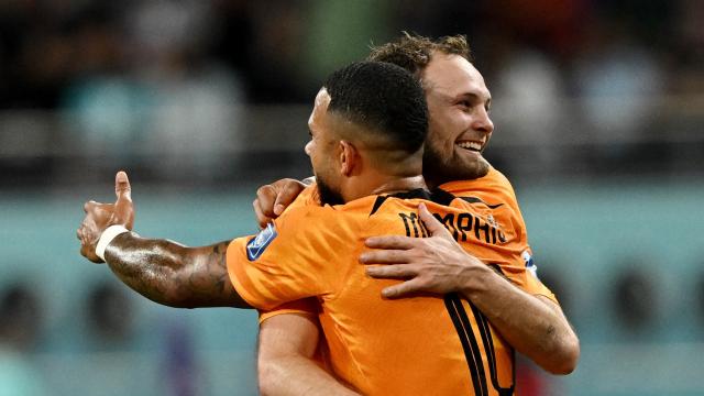 Depay y Blind celebran el gol.