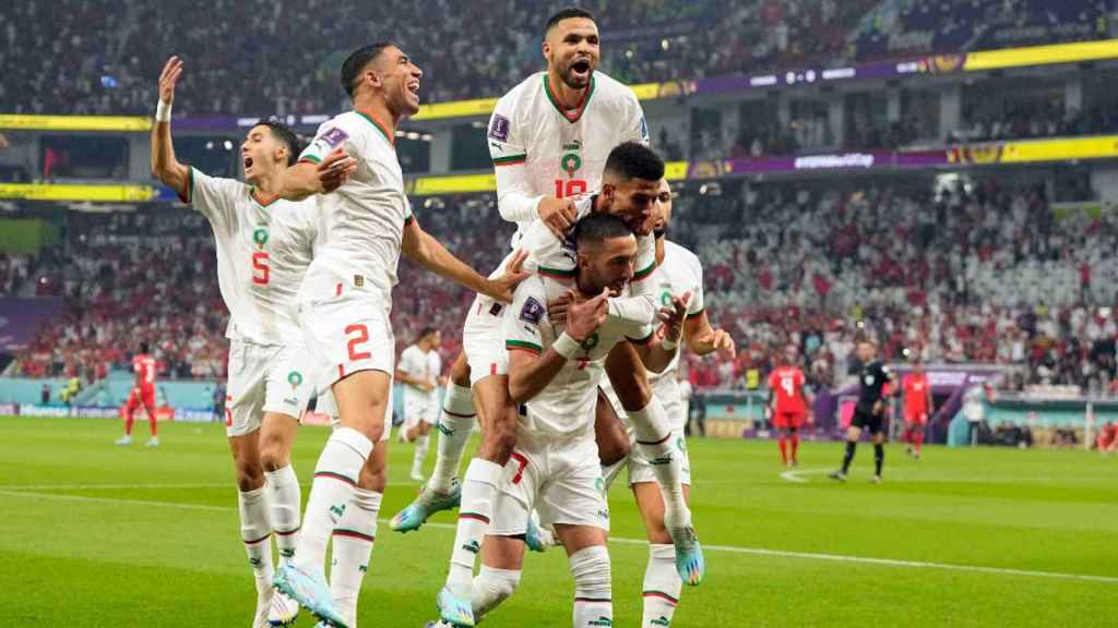 La selección marroquí celebra un gol en el Mundial de Qatar.