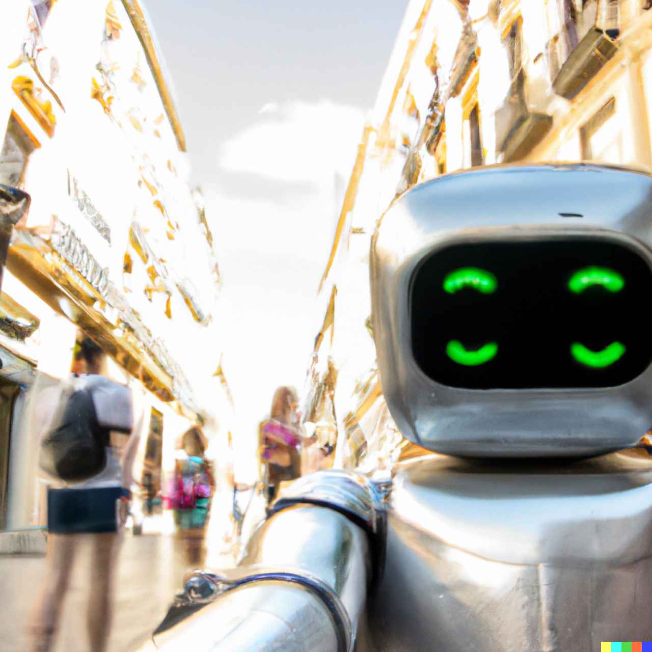 Fotografía ficticia realizada por la inteligencia artificial de un robot tomándose un selfie en calle Larios.