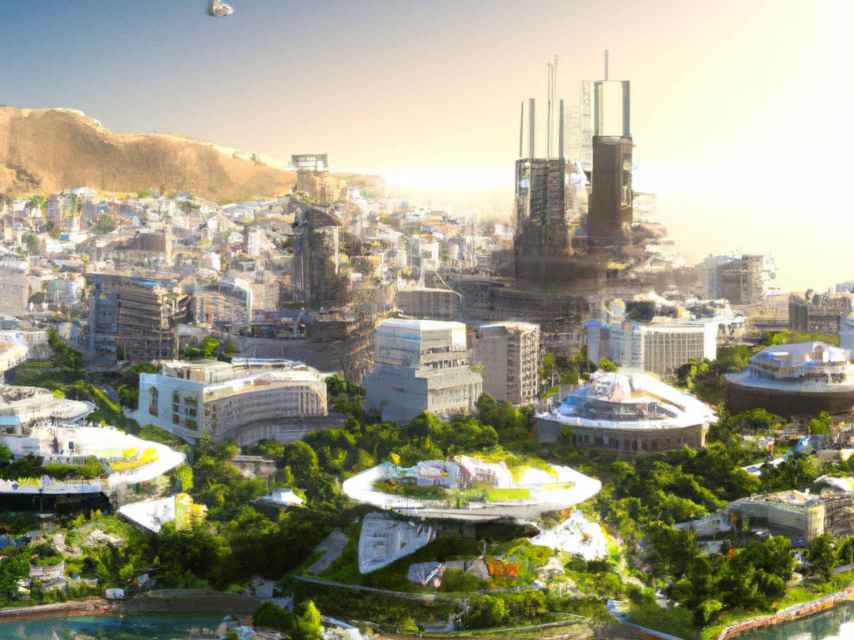 Ilustración de una versión futurista de la ciudad de Málaga creada por inteligencia artificial.