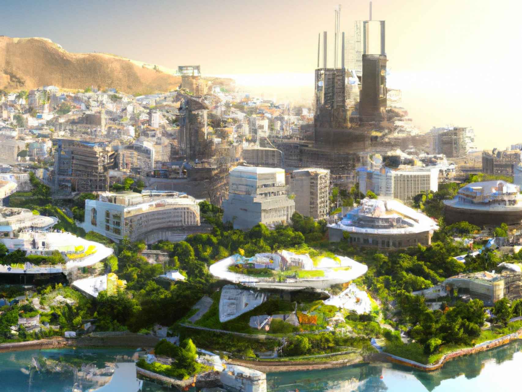 Ilustración realizada por la inteligencia artificial de una versión futurista de la ciudad de Málaga.
