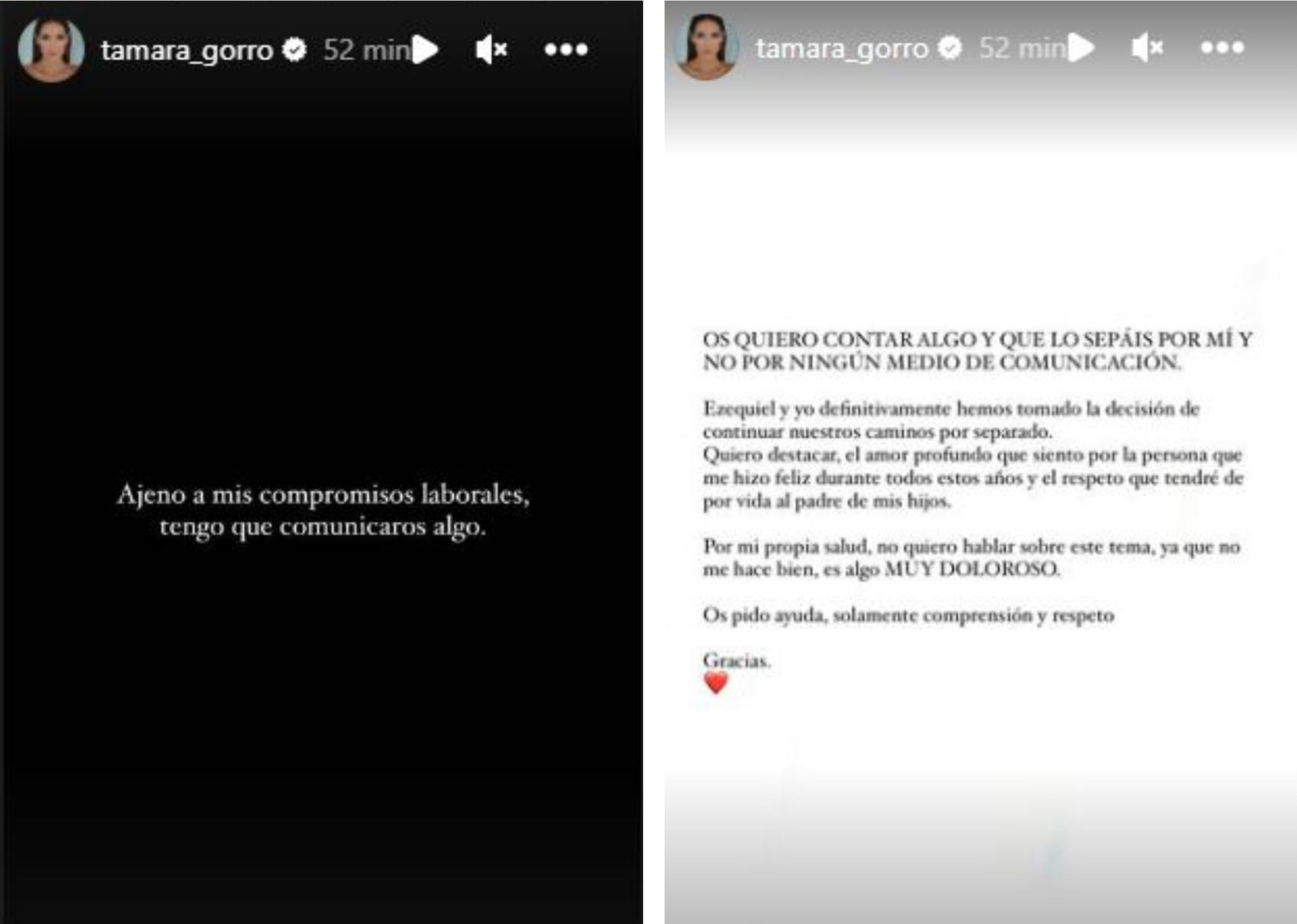 'Stories' de Tamara Gorro con los que ha anunciado su ruptura.