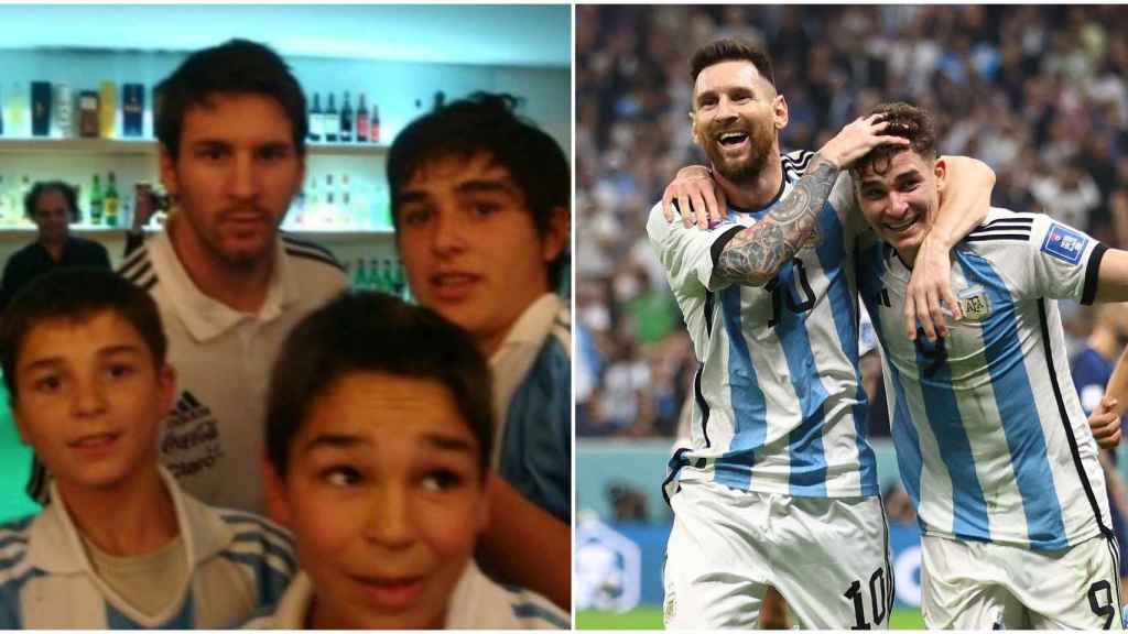 Julián Álvarez, de niño y en la actualidad, junto a Messi