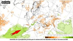 Las anomalías de precipitaciones previstas para la semana de Navidad.