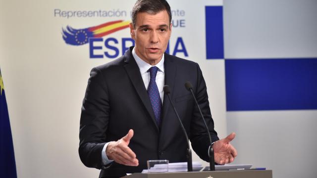 El presidente del Gobierno, Pedro Sánchez, durante la rueda de prensa de este jueves en Bruselas