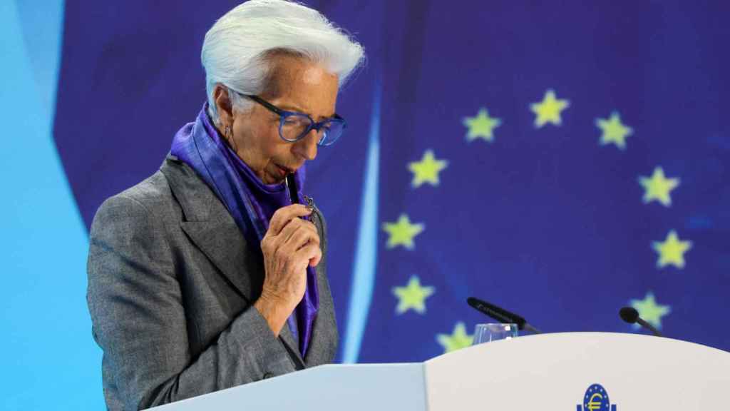 La presidenta del BCE, Christine Lagarde, tras una rueda de prensa en Fráncfort.