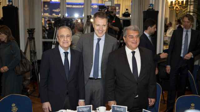 Florentino Pérez, Bernd Reichart y Joan Laporta en un acto de Nueva Economía Fórum sobre la Superliga
