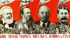 Cartel propagandístico de 1933 con Marx, Engels, Lenin y Stalin.