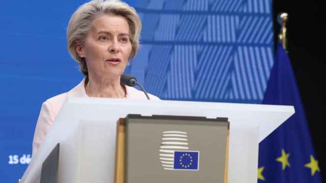 La presidenta de la Comisión Europea, Ursula von der Leyen, durante la rueda de prensa del Consejo Europeo del jueves